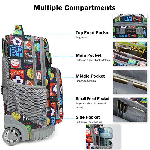 Tilami Rolling Backpack 18 inch with Pencil Case Wheeled Laptop Bag, Sport Balls