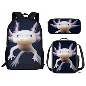 amzprint axolotl animal print bookbag with lunchbox for girls american children back to school gift 3pcs backpack set