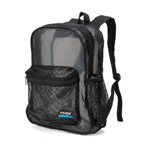 K-Cliffs Heavy Duty Classic Gym Student Mesh See Through Netting Backpack | Padded Straps | Black