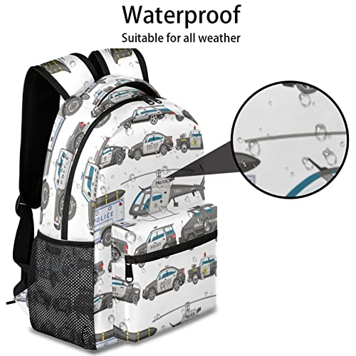 TropicalLife Police Car Larger Student Backpack, Policeman Motorbike Waterproof School Bag For Teen Girls Boys