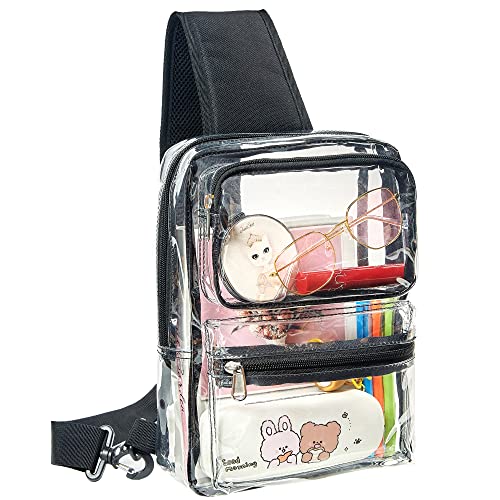 Clear Sling Backpack Stadium Approved, Transparent Shoulder Chest Bag, Casual Crossbody Bag for Men, Women, Black