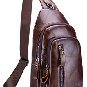 BULLCAPTAIN Mens Sling Bag Genuine Leather Chest Shoulder Backpack Crossbody Outdoor Travel Casual Daypack (brown), Medium