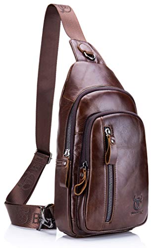 BULLCAPTAIN Mens Sling Bag Genuine Leather Chest Shoulder Backpack Crossbody Outdoor Travel Casual Daypack (brown), Medium