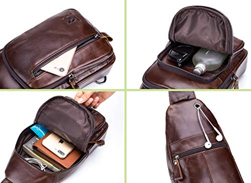 BULLCAPTAIN Mens Sling Bag Genuine Leather Chest Shoulder Backpack Crossbody Outdoor Travel Casual Daypack (brown), Medium