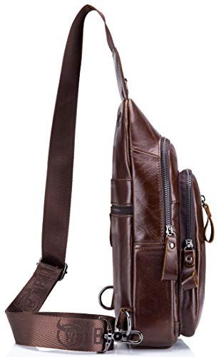 BULLCAPTAIN Mens Sling Bag Genuine Leather Chest Shoulder Backpack Crossbody Outdoor Travel Casual Daypack (brown), Medium