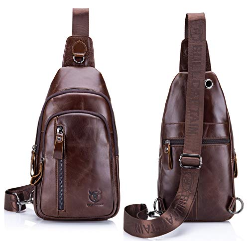 BULLCAPTAIN Mens Sling Bag Genuine Leather Chest Shoulder Backpack Crossbody Outdoor Travel Casual Daypack (brown), Medium