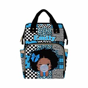 artsadd personalized afro puff diaper bag backpack with name, blue bubble gum plaid daypack customized large capacity baby backpack for girls baby birthday gifts