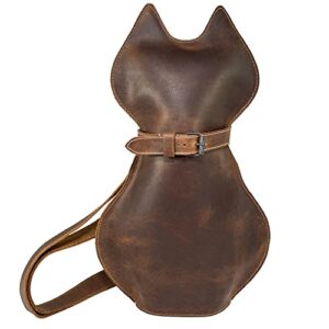 hide & play, kitty shape backpack handmade from full grain leather – pet lover accessory, great for travel & everyday use – bourbon brown