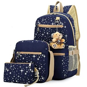 star-print backpack 3pcs elementary girls bookbag rucksack set with crossbody bag canvas daypack casual