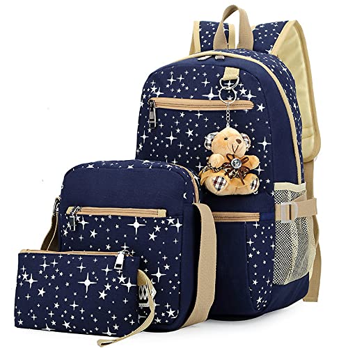 Star-Print Backpack 3Pcs Elementary Girls Bookbag Rucksack Set with Crossbody Bag Canvas Daypack Casual