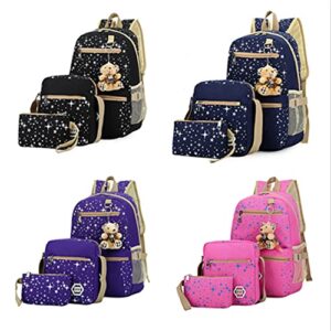 Star-Print Backpack 3Pcs Elementary Girls Bookbag Rucksack Set with Crossbody Bag Canvas Daypack Casual