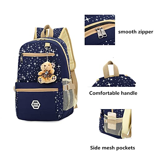 Star-Print Backpack 3Pcs Elementary Girls Bookbag Rucksack Set with Crossbody Bag Canvas Daypack Casual