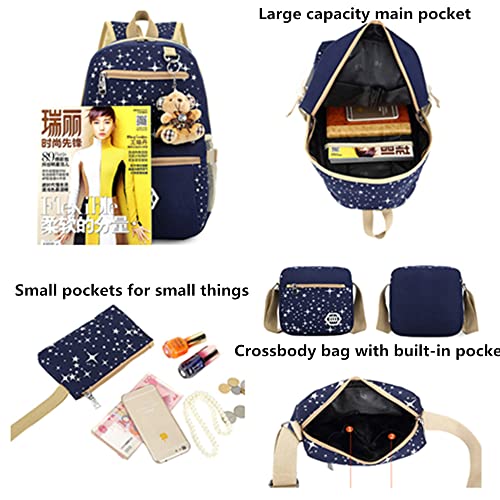Star-Print Backpack 3Pcs Elementary Girls Bookbag Rucksack Set with Crossbody Bag Canvas Daypack Casual