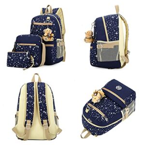 Star-Print Backpack 3Pcs Elementary Girls Bookbag Rucksack Set with Crossbody Bag Canvas Daypack Casual