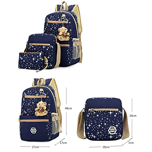 Star-Print Backpack 3Pcs Elementary Girls Bookbag Rucksack Set with Crossbody Bag Canvas Daypack Casual