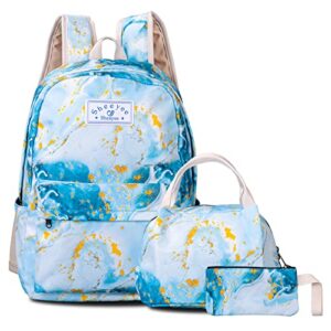 sheeyee teen girls school backpack with matching lunch box pencil case marble bookbag laptop for middle school (blue-white)