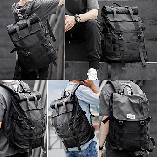 BONVEN Roll Top Backpacks for Men Laptop Backpack Fits 17.3 inch Laptop Black Backpack 3 Forms Fashion Rucksack for Travel Work School Outdoor