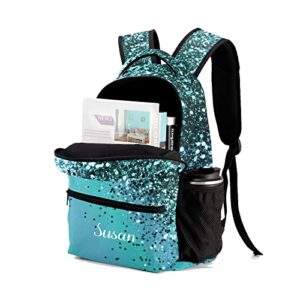 Liveweike Aqua Blue Ocean Glitter Personalized Kids Backpack with Name Teen Girl Boy Primary School Travel Bag