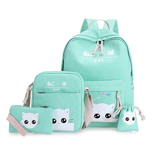 hainan Cat Backpacks Set for Teenage Girls and Student Kitty Printing Bookbag Cute School Bags Teen Girls 4 pcs for One Set Green one size