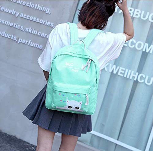 hainan Cat Backpacks Set for Teenage Girls and Student Kitty Printing Bookbag Cute School Bags Teen Girls 4 pcs for One Set Green one size