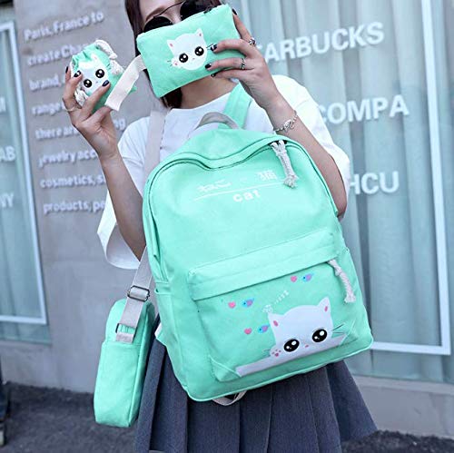 hainan Cat Backpacks Set for Teenage Girls and Student Kitty Printing Bookbag Cute School Bags Teen Girls 4 pcs for One Set Green one size