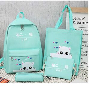 hainan Cat Backpacks Set for Teenage Girls and Student Kitty Printing Bookbag Cute School Bags Teen Girls 4 pcs for One Set Green one size