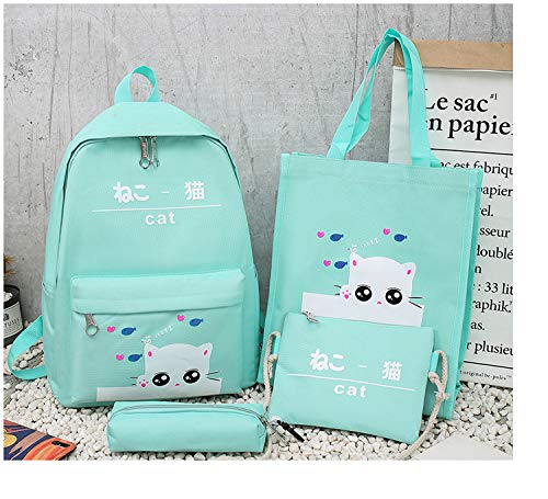 hainan Cat Backpacks Set for Teenage Girls and Student Kitty Printing Bookbag Cute School Bags Teen Girls 4 pcs for One Set Green one size