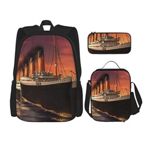 3 piece backpack set titanic sunset school bag,travel camping daypack students bookbag pencil case lunch bag combination