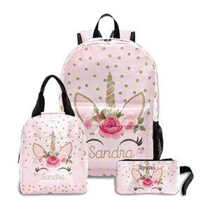 personalized name teen school backpack, glitter floral unicorn bookbag set with insulated lunch tote pencil case travel bag