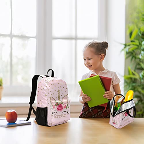 Personalized Name Teen School Backpack, Glitter Floral Unicorn Bookbag Set with Insulated Lunch Tote Pencil Case Travel Bag