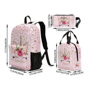 Personalized Name Teen School Backpack, Glitter Floral Unicorn Bookbag Set with Insulated Lunch Tote Pencil Case Travel Bag