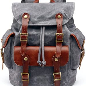 Waxed Canvas Leather Backpack for Men, Military Tactical Shoulder Rucksack for Travel School Bag (M85_Grey)