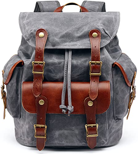 Waxed Canvas Leather Backpack for Men, Military Tactical Shoulder Rucksack for Travel School Bag (M85_Grey)