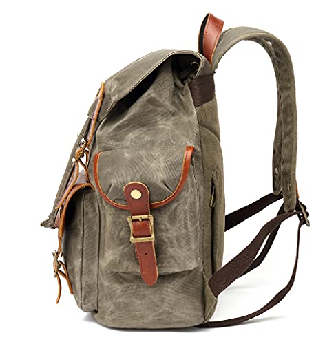 Waxed Canvas Leather Backpack for Men, Military Tactical Shoulder Rucksack for Travel School Bag (M85_Grey)