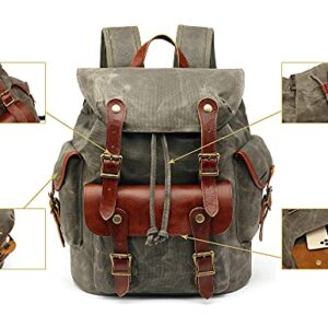 Waxed Canvas Leather Backpack for Men, Military Tactical Shoulder Rucksack for Travel School Bag (M85_Grey)