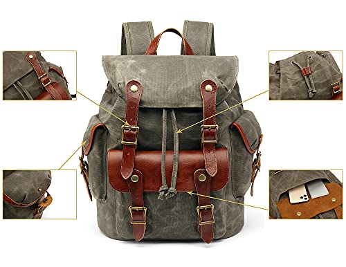 Waxed Canvas Leather Backpack for Men, Military Tactical Shoulder Rucksack for Travel School Bag (M85_Grey)