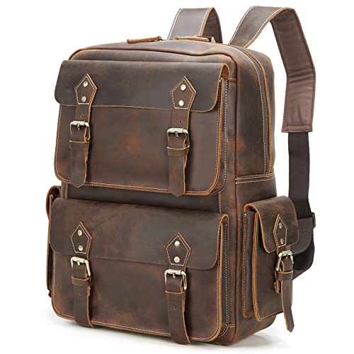 Polare Full Grain Leather Backpack Computer Bag Travel Daypack Satchel Fits 15.6'' Laptop Brown