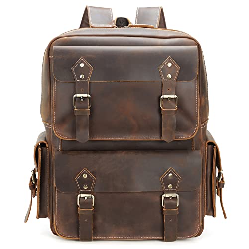 Polare Full Grain Leather Backpack Computer Bag Travel Daypack Satchel Fits 15.6'' Laptop Brown