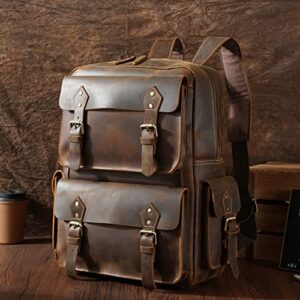 Polare Full Grain Leather Backpack Computer Bag Travel Daypack Satchel Fits 15.6'' Laptop Brown