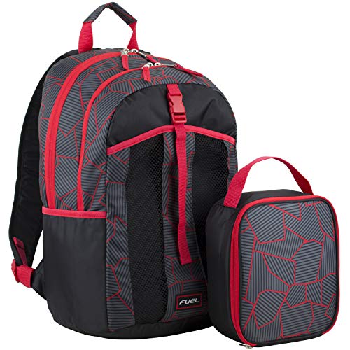 FUEL Backpack with Lunchbox Combo, Perfect for School, Two Compartment, Water Resistant, Durable, Side Water Bottle Pockets - Black/Poppy Red/Geometric