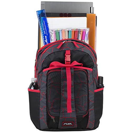 FUEL Backpack with Lunchbox Combo, Perfect for School, Two Compartment, Water Resistant, Durable, Side Water Bottle Pockets - Black/Poppy Red/Geometric