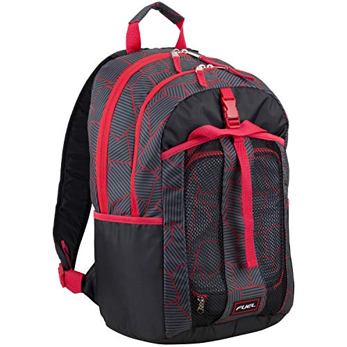 FUEL Backpack with Lunchbox Combo, Perfect for School, Two Compartment, Water Resistant, Durable, Side Water Bottle Pockets - Black/Poppy Red/Geometric