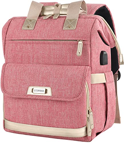 Laptop Backpack for Women,Convertible Tote 15.6 Inch Computer Bag Travel Backpack Airline Approved,Wide Open Large USB Charging Port Teacher Nurse Backpack RFID Anti Theft College School Bookbag Pink