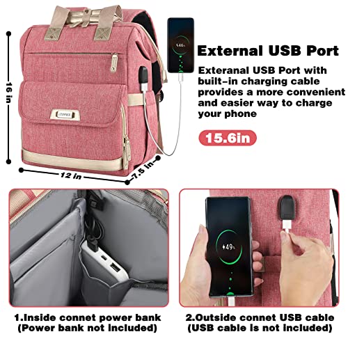 Laptop Backpack for Women,Convertible Tote 15.6 Inch Computer Bag Travel Backpack Airline Approved,Wide Open Large USB Charging Port Teacher Nurse Backpack RFID Anti Theft College School Bookbag Pink