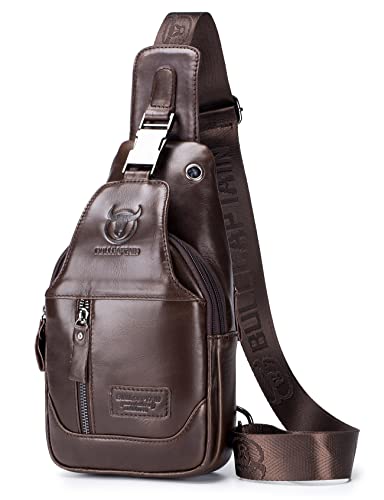 BULLCAPTAIN Genuine Leather Sling Chest Bag Multi-pockets Men Crossbody Bag Travel Casual Small Shoulder Backpack (Dark brown)