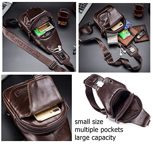 BULLCAPTAIN Genuine Leather Sling Chest Bag Multi-pockets Men Crossbody Bag Travel Casual Small Shoulder Backpack (Dark brown)