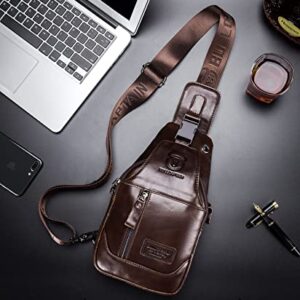 BULLCAPTAIN Genuine Leather Sling Chest Bag Multi-pockets Men Crossbody Bag Travel Casual Small Shoulder Backpack (Dark brown)