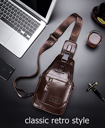 BULLCAPTAIN Genuine Leather Sling Chest Bag Multi-pockets Men Crossbody Bag Travel Casual Small Shoulder Backpack (Dark brown)