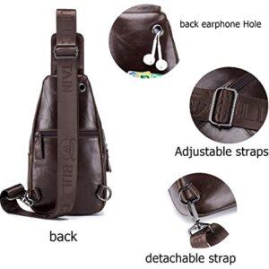 BULLCAPTAIN Genuine Leather Sling Chest Bag Multi-pockets Men Crossbody Bag Travel Casual Small Shoulder Backpack (Dark brown)