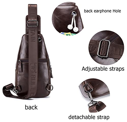 BULLCAPTAIN Genuine Leather Sling Chest Bag Multi-pockets Men Crossbody Bag Travel Casual Small Shoulder Backpack (Dark brown)